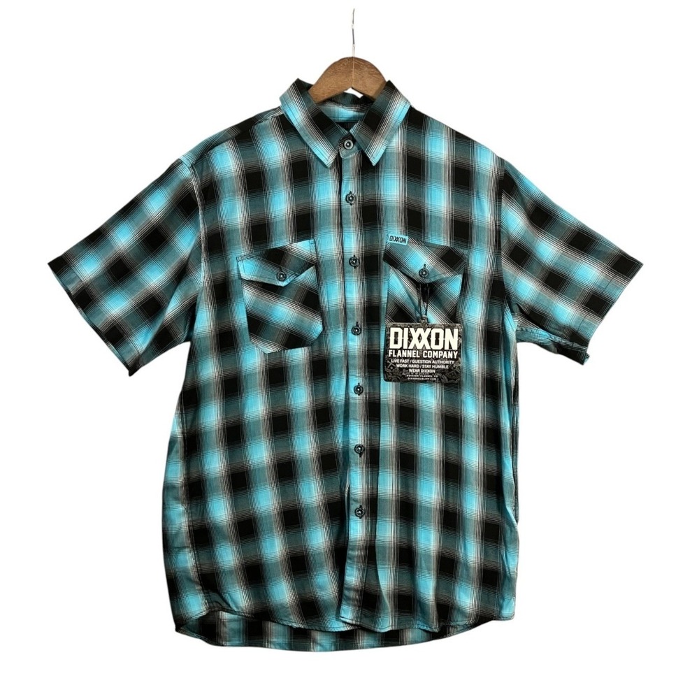 Dixxon Flannel Co Mens Caicos Bamboo Shirt L Blue Black Plaid Short Sleeve